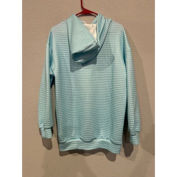 Men's Size Medium Waffle Knit Drawstring Pullover Hooded Sweatshirt Light Blue - Picture 2 of 5